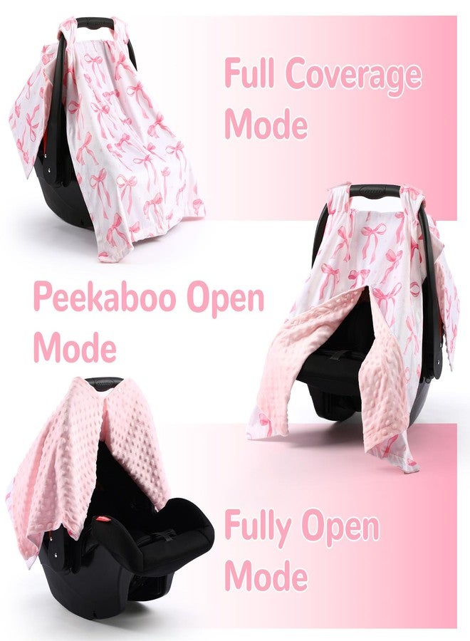 AceOrbit Pink Bow Car Seat Cover Baby Girl, Minky Warm Winter Carseat Covers with Opening Cozy for Newborn Infant Boys Winter Stroller, Nursing Cover Canopy Shower Gift - Image 2